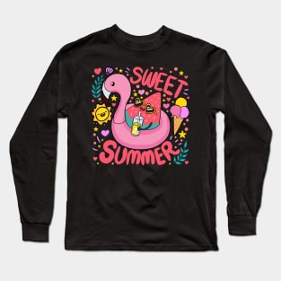 Sweet Summer a fun and colourful Summer time design a cute watermelon wearing sunglasses on a flamingo floaty Long Sleeve T-Shirt